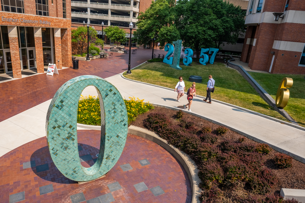 Arial photo of Mathematics Tower courtyard of numbers. 